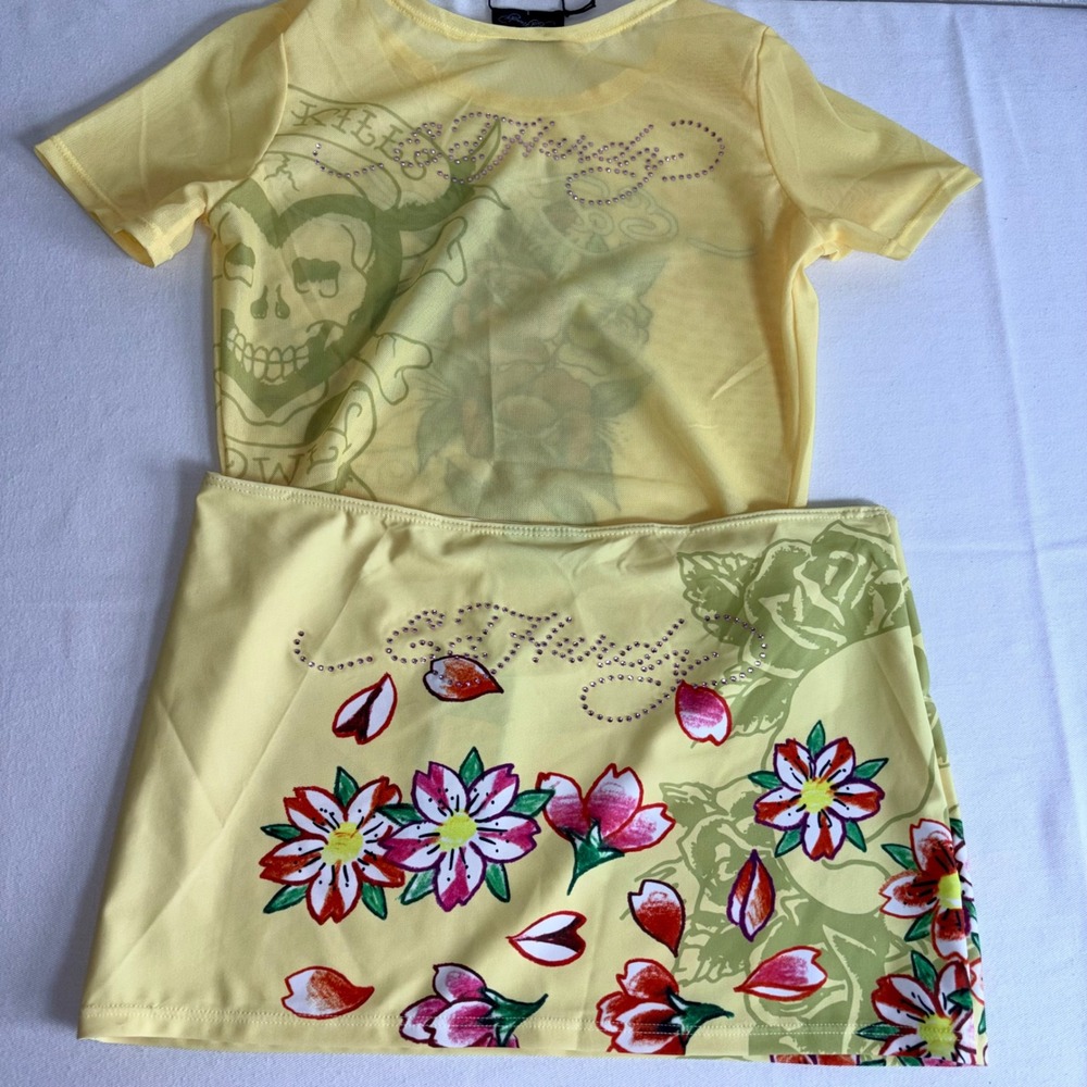 Ed Hardy Skirt Set Yellow New Tattoo Mesh Rhinestone Y2K 2 Piece Top Mini Skirt - Picture 2 of 11